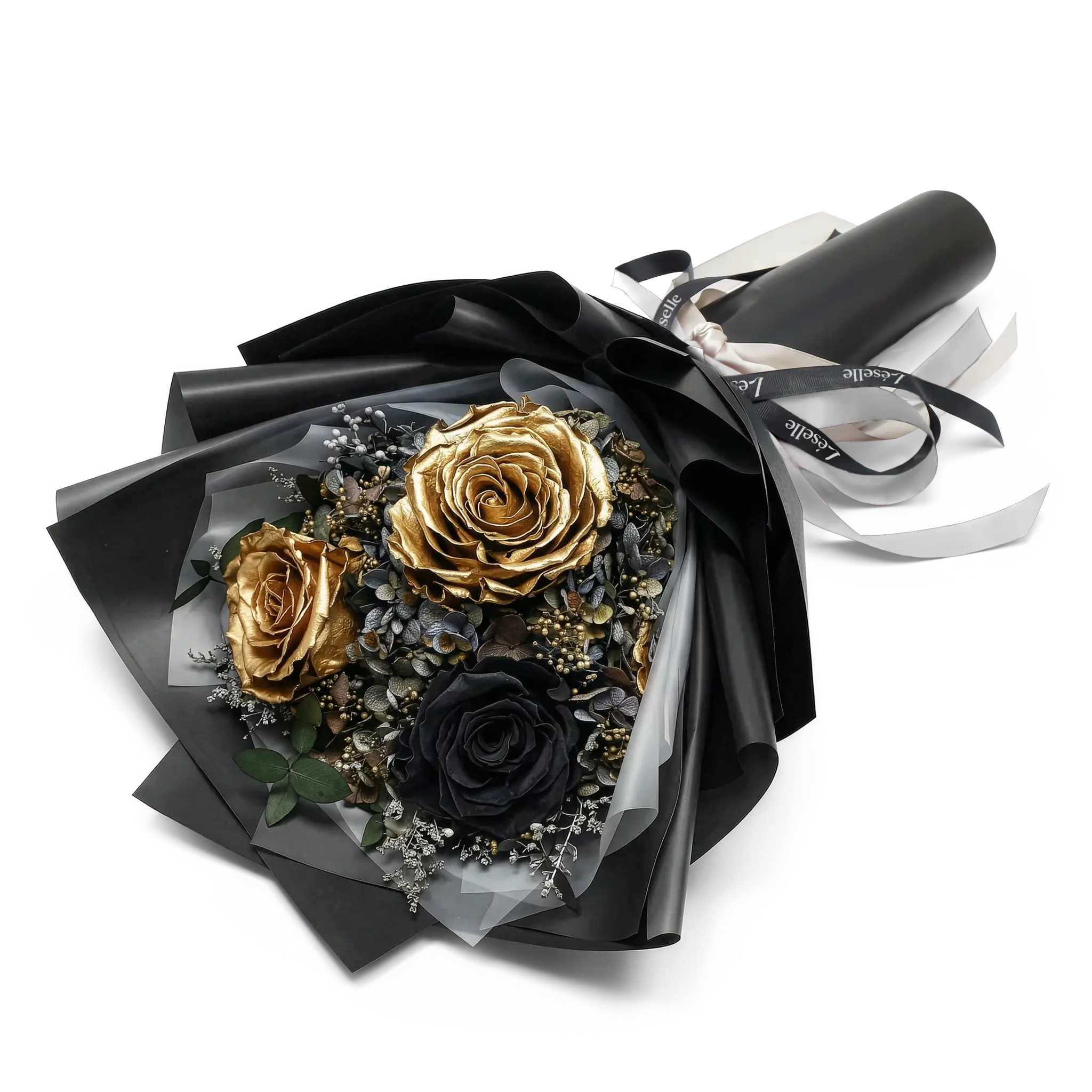 Preserved Flower Bouquet - Classic Black & Gold Roses