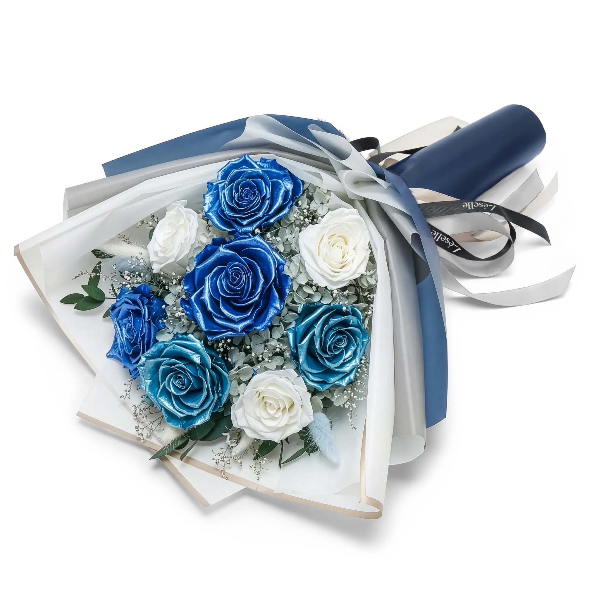 Preserved Flower Bouquet - Metallic Blue & White Roses