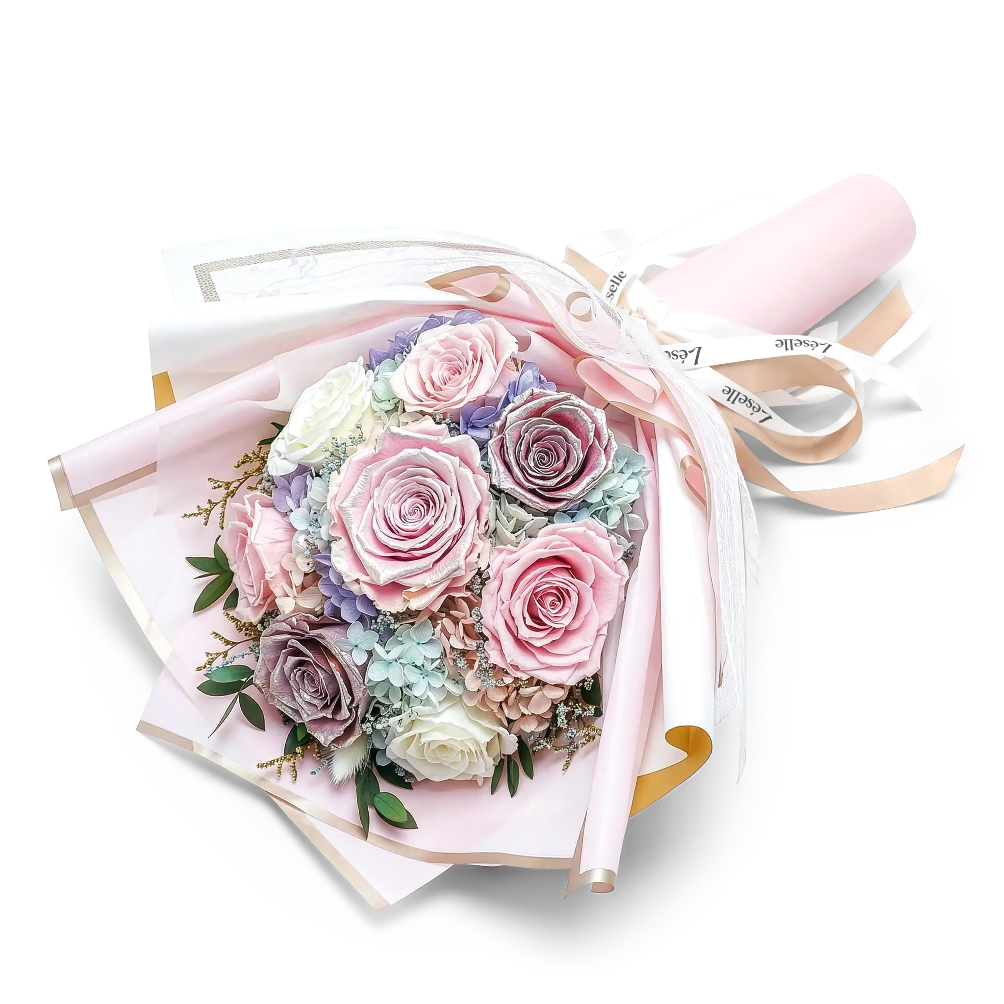 Preserved Flower Bouquet - Metallic Pink & Pale Pink Roses