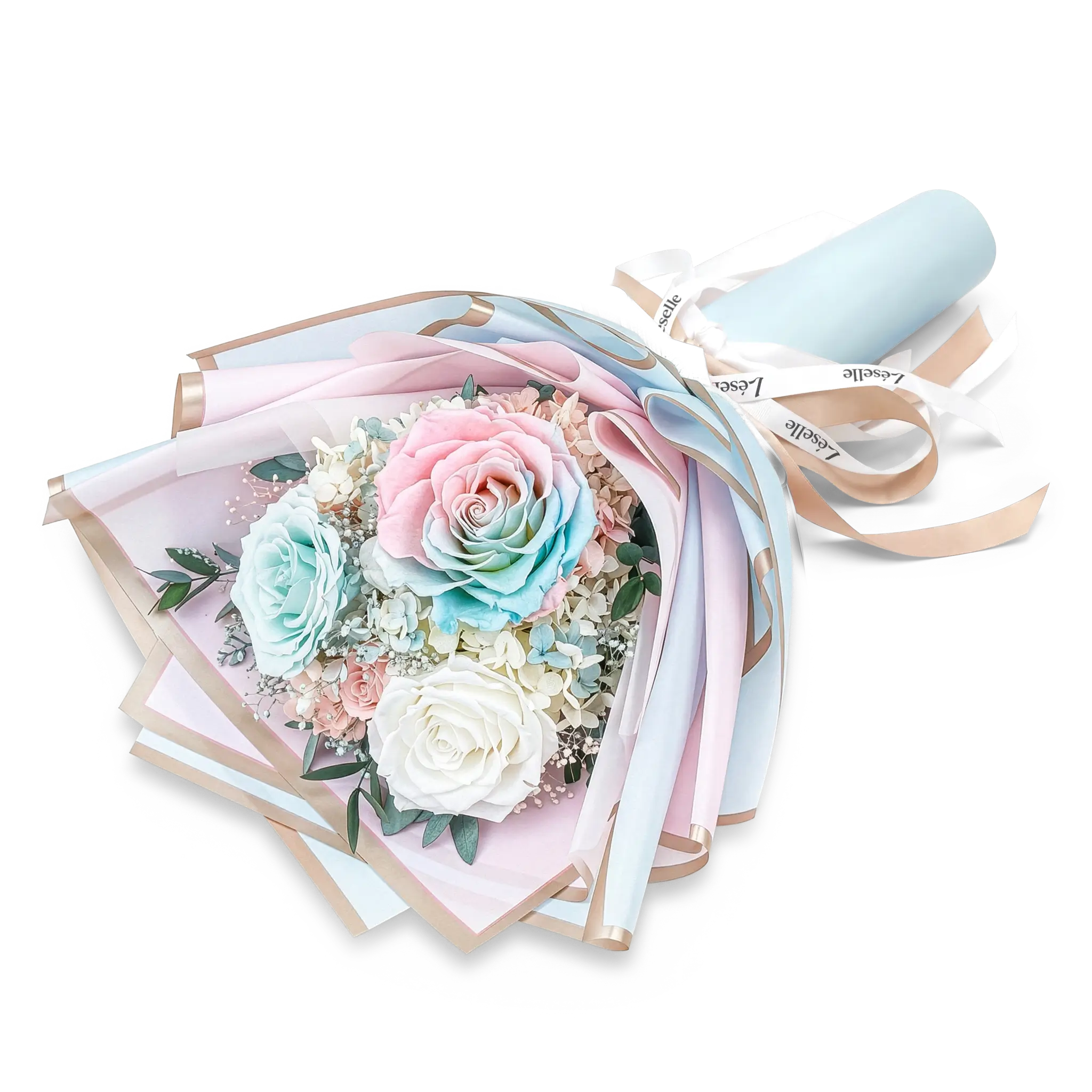 Preserved Flower Bouquet - Pale Pink & Baby Blue Roses