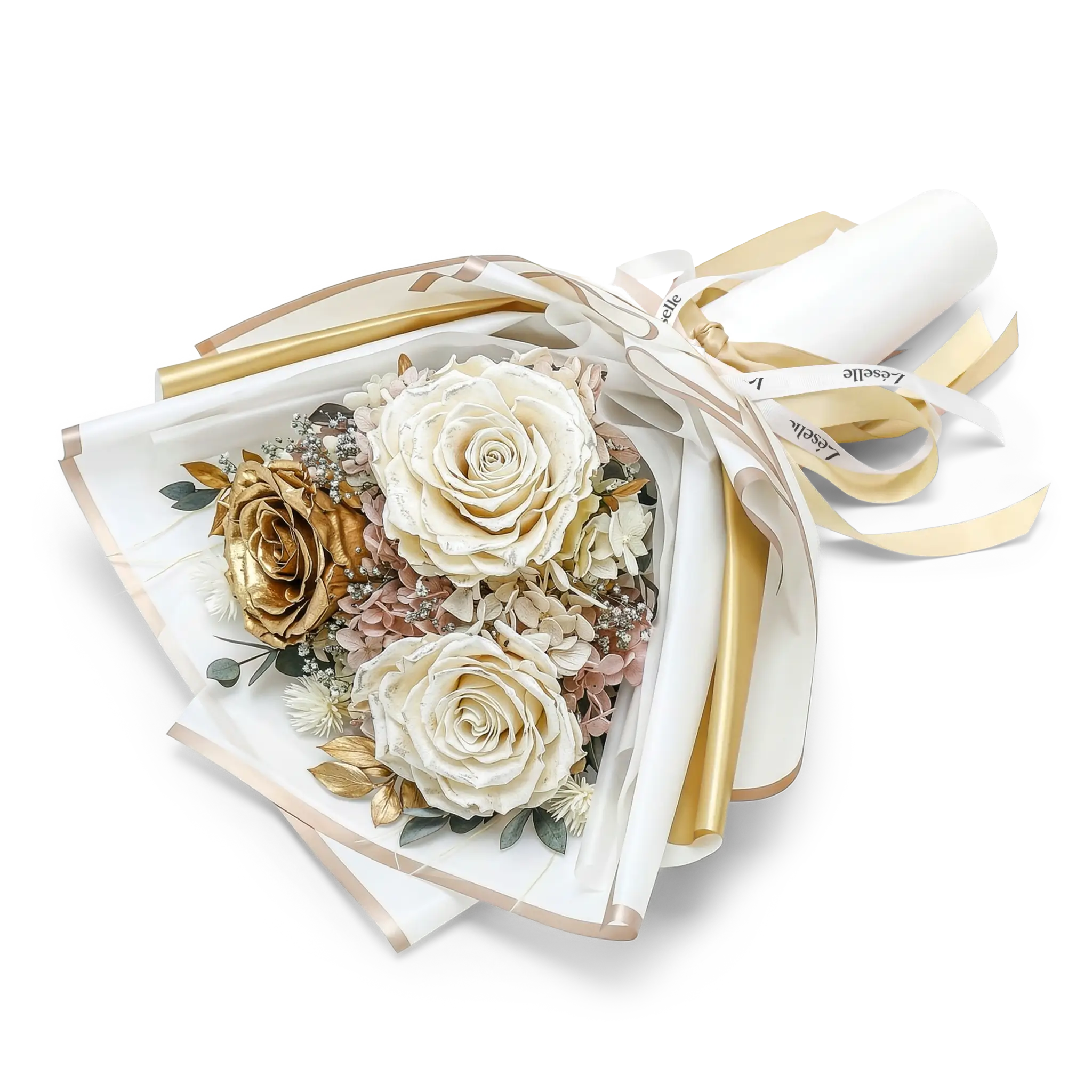 Preserved Flower Bouquet - White & Gold Roses