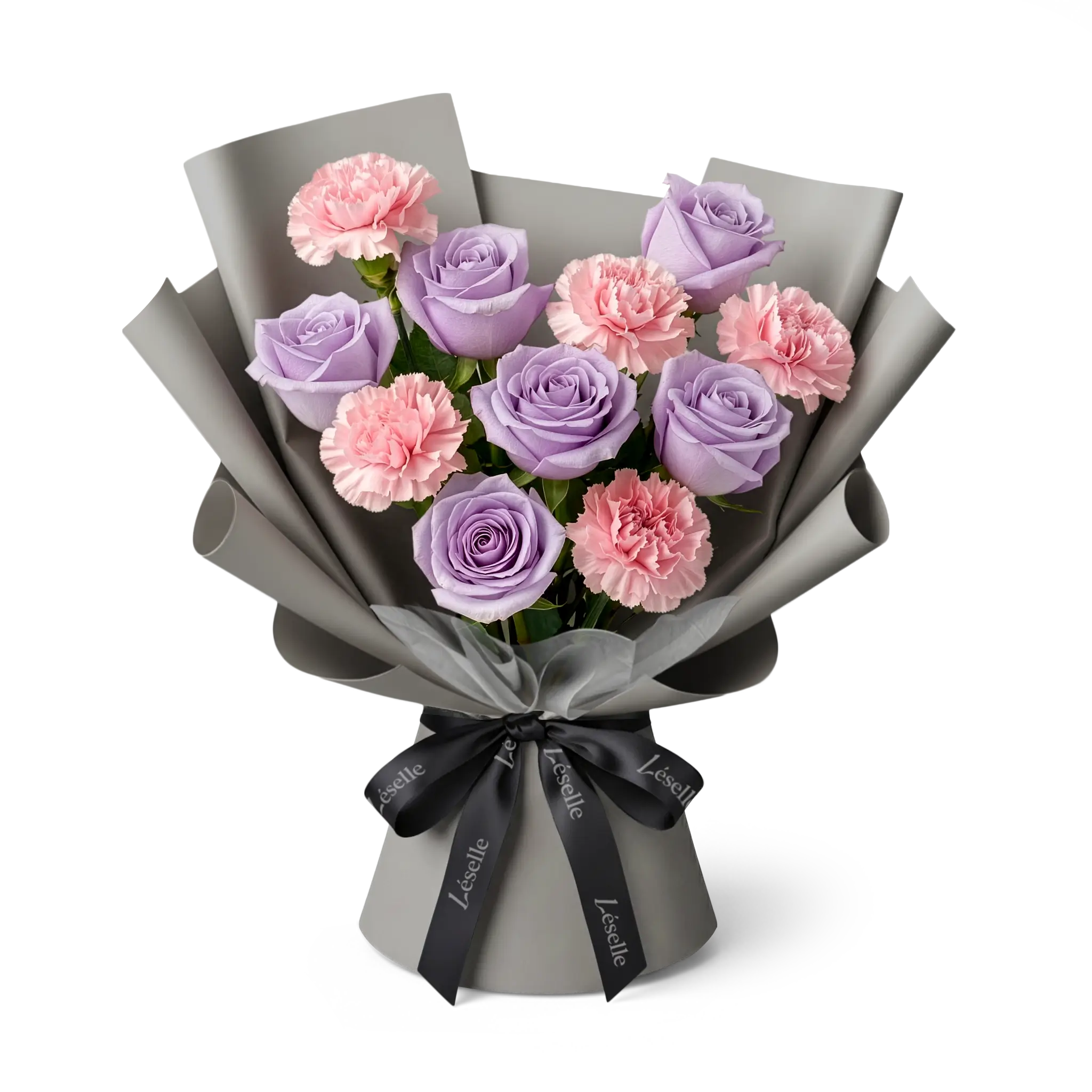Bouquet of lavender roses and blush carnations wrapped in grey paper with a black ribbon on a transparent background