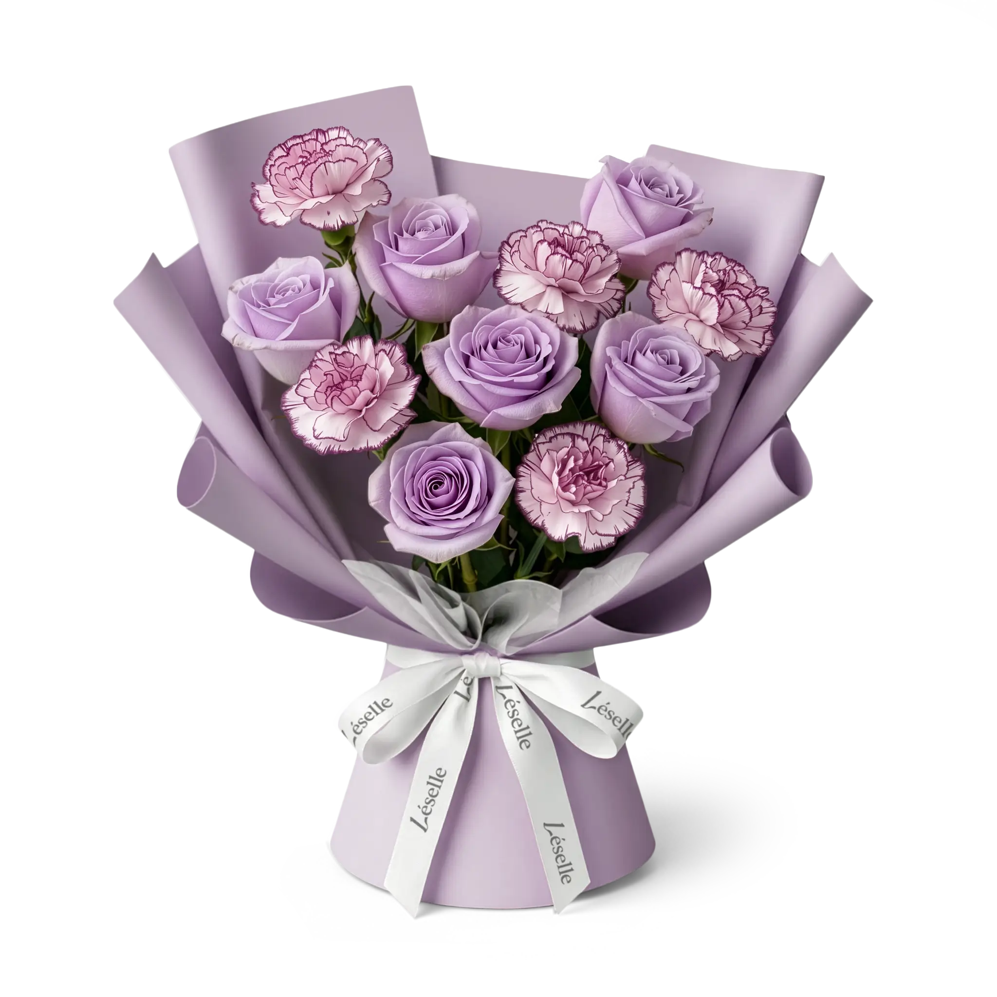 Bouquet of lavender roses and purple-edged carnations wrapped in lilac paper with a white ribbon on a transparent background